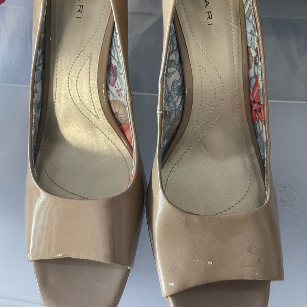 Tahari Beige Patent Open-Toe Pumps